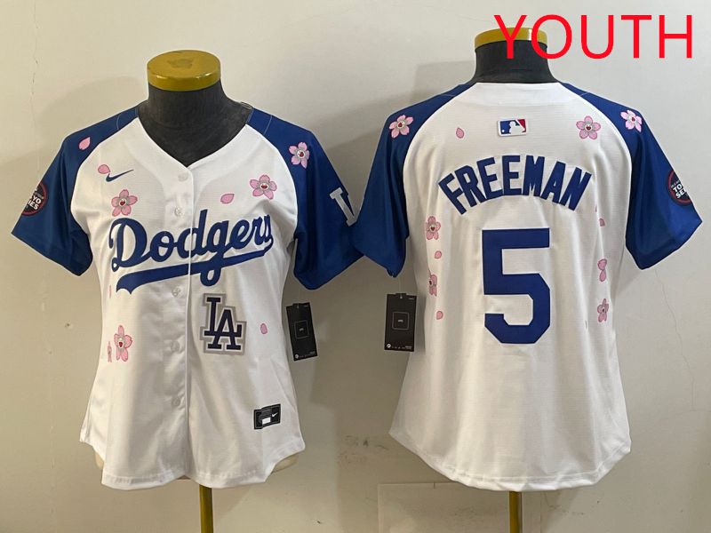 Youth Los Angeles Dodgers #5 Freeman White Blue Sakura Edition 2025 Nike MLB Jersey style 9->youth mlb jersey->Youth Jersey